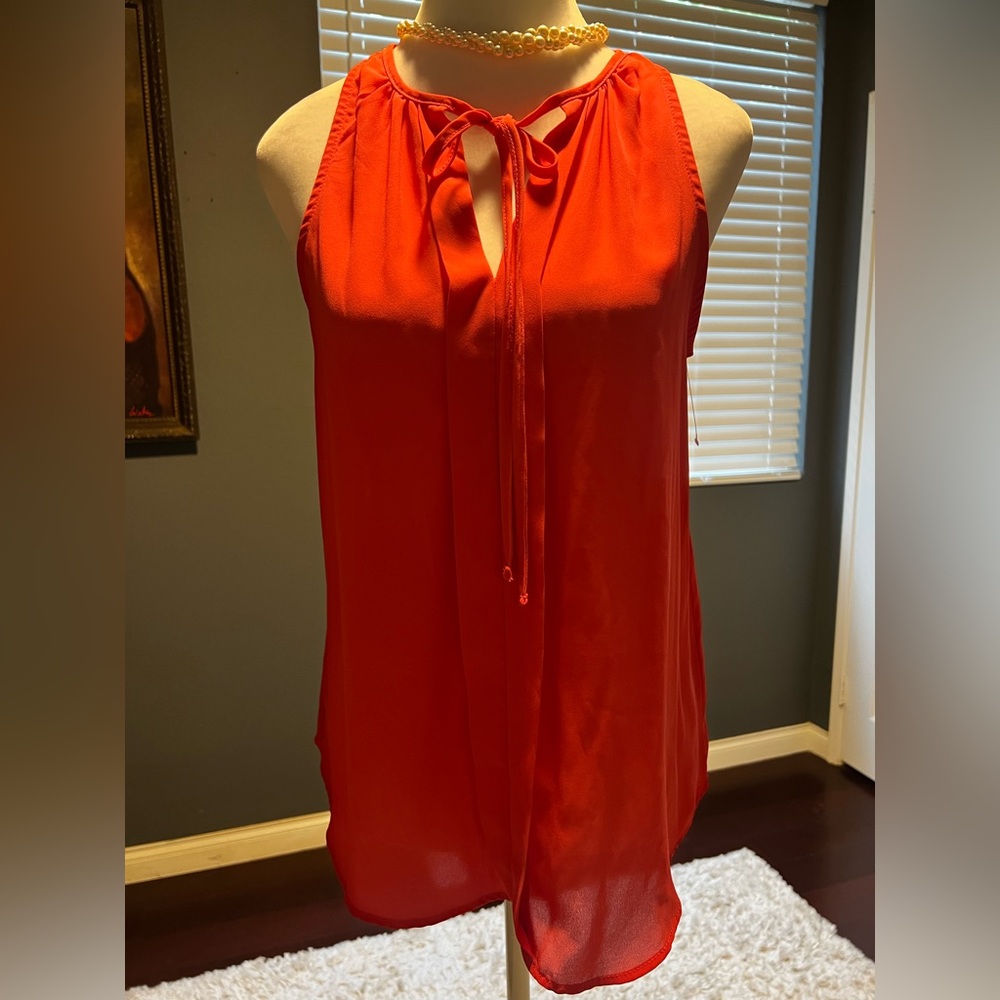 Monteau Elegant Blood Orange Sleeveless Top with Peek A Boo Tie